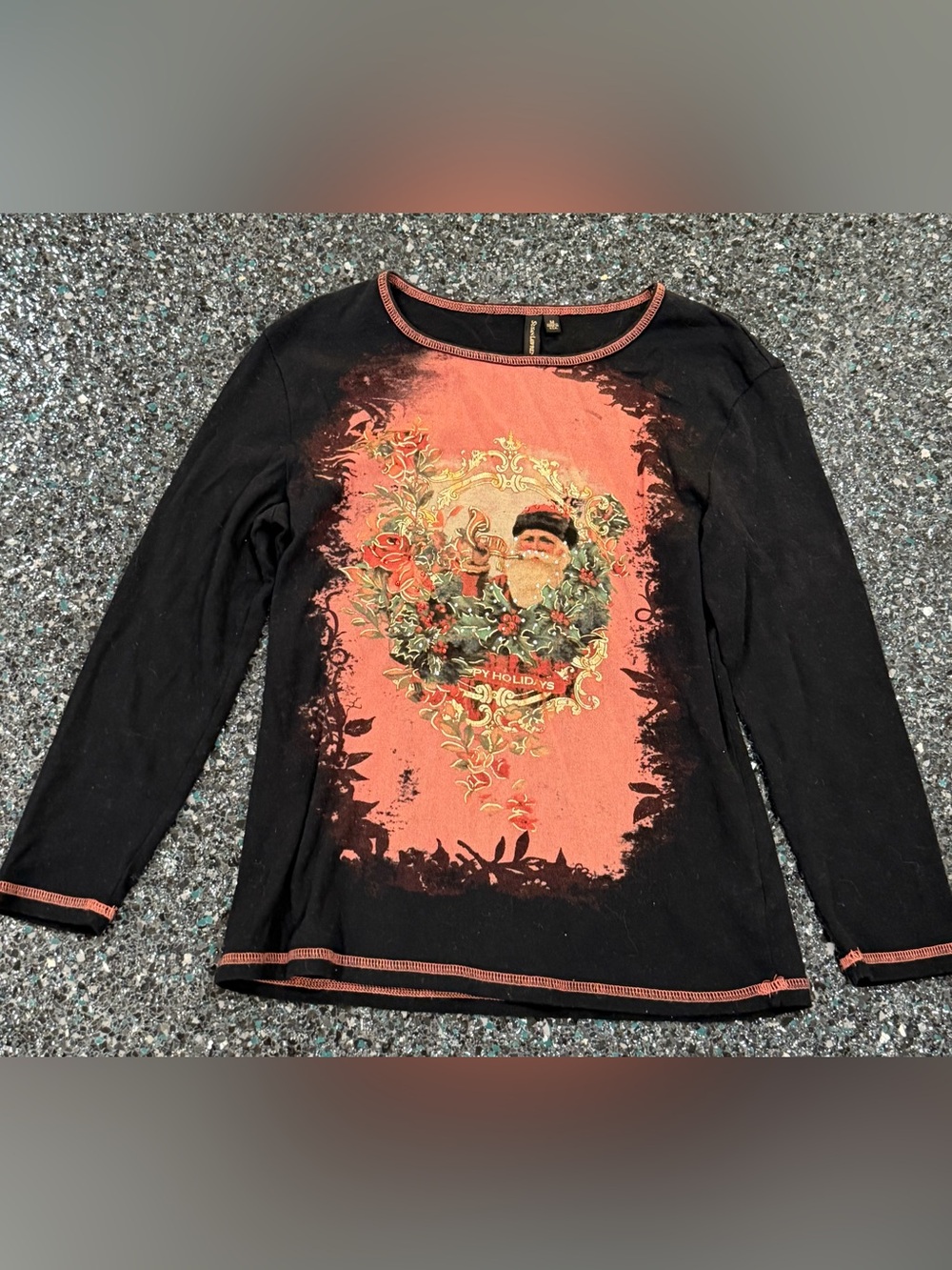 Susan Lawrence Women’s Medium Black Long Sleeve Santa Christmas Graphic Top